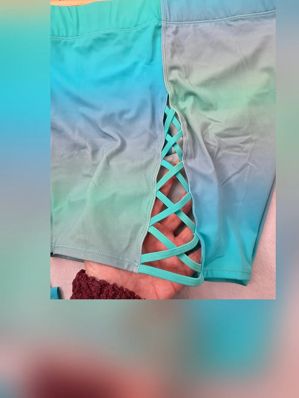 Torrid Set Aqua Seaside Gradient Rash Guard + Lattice-Side Swim Shorts 3731-CU